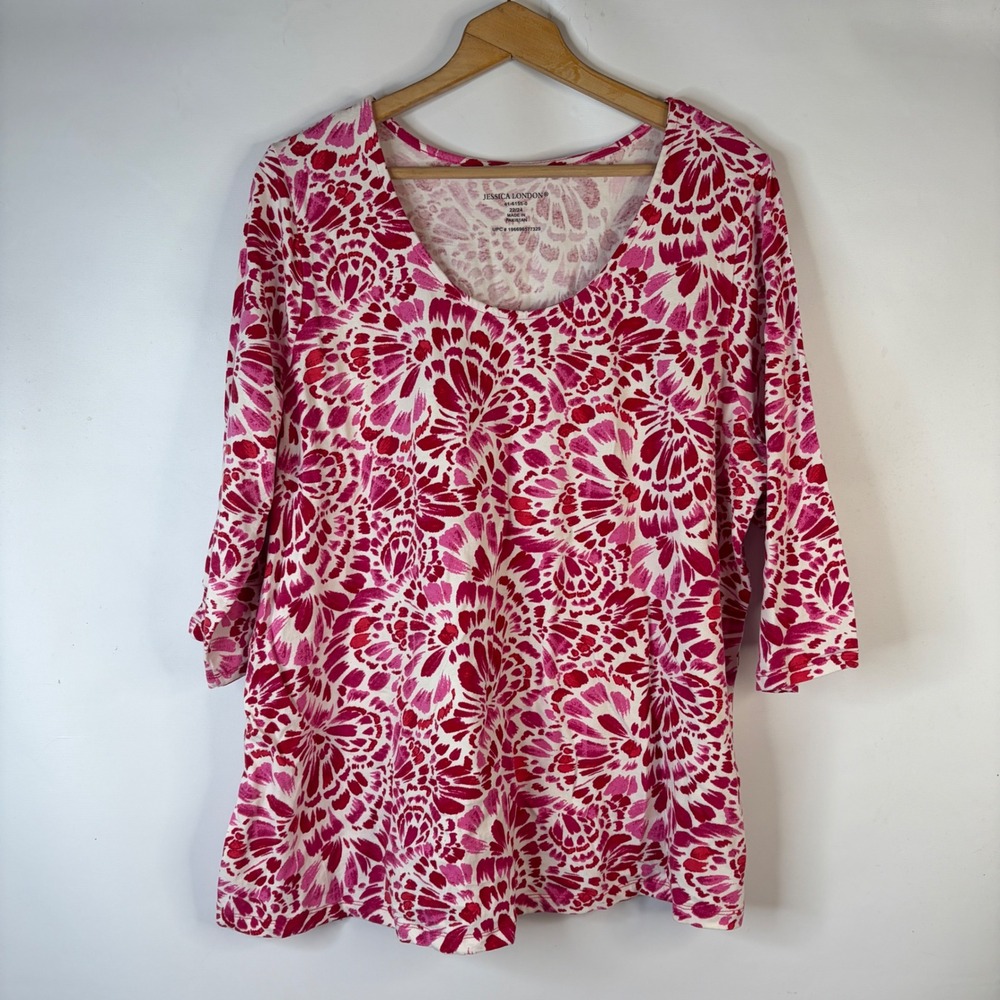 Jessica London Tunic Top Women 22/24 Pink Floral 3/4 Sleeve Scoop Neck